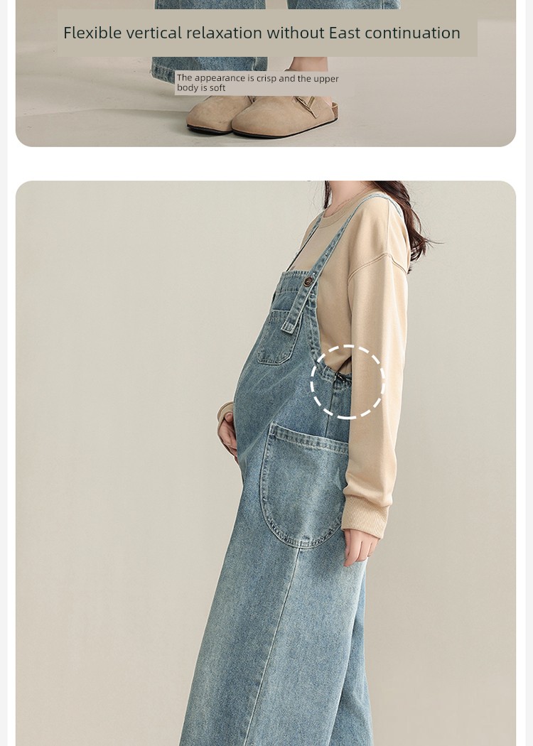 Maternity Denim Overalls That Don'T Squeeze the Belly, Loose-Fitting Plus-Size Pants for Autumn, Age-Reducing Wide-Leg Pants for Pregnant Women, Fall Wear — 9