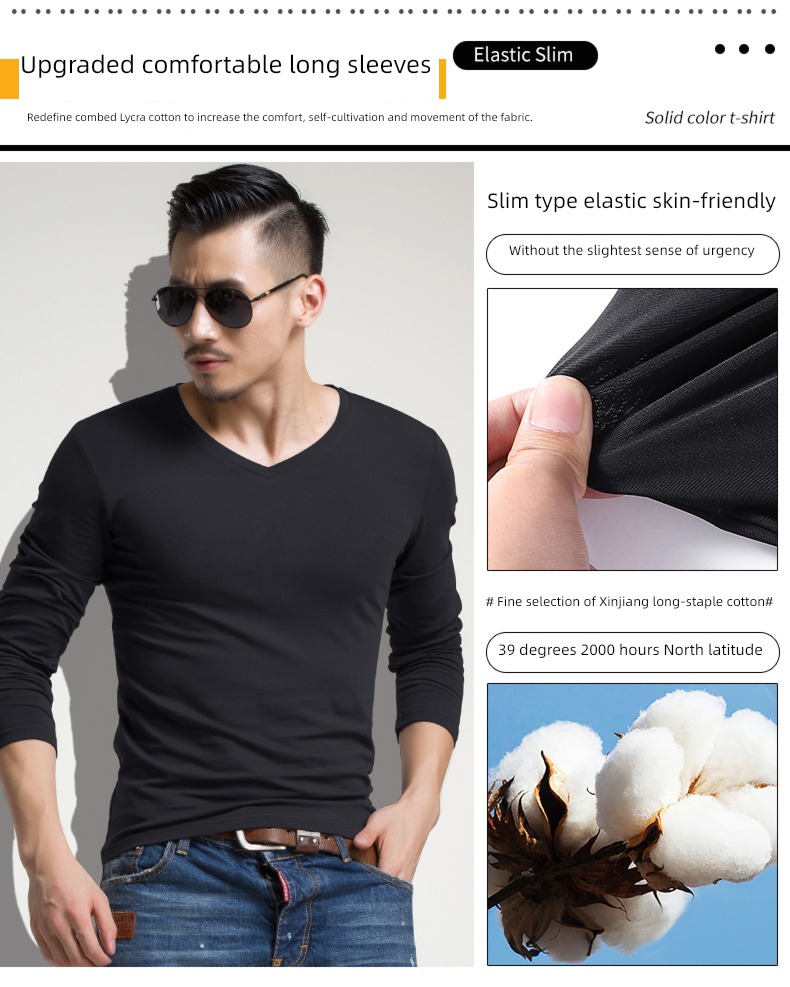 man V-collar Spring  Inner lap Tight fitting Long sleeve T-shirt