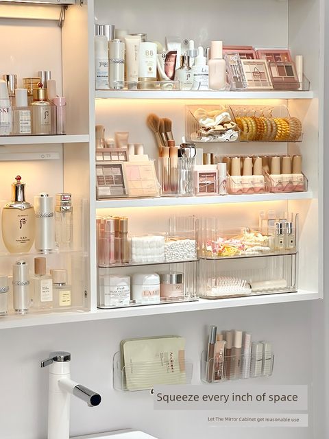 Mirror cabinet storage box bathroom toilet cosmetics facial mask lipstick storage rack cabinet rear mirror inclined divider panel