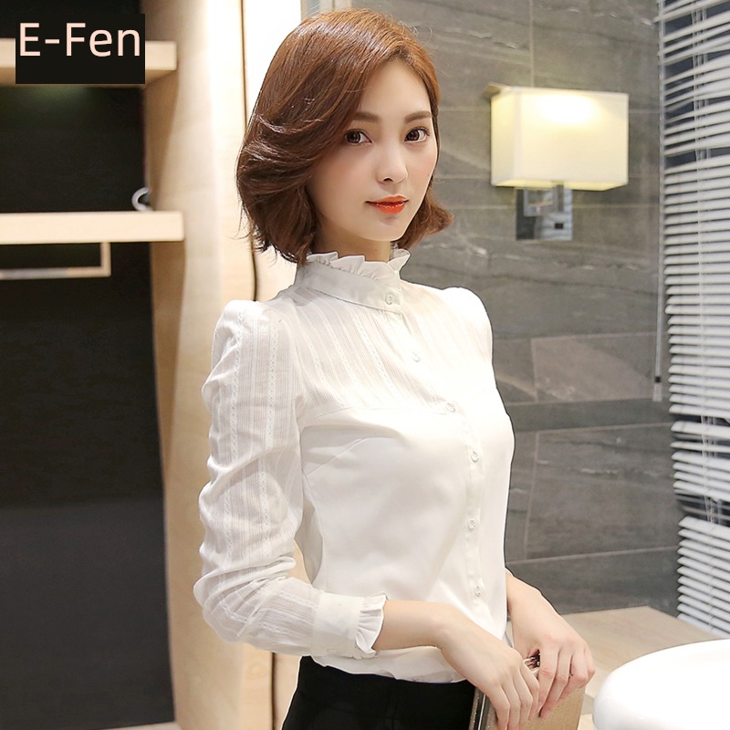 Long sleeve stand collar pure cotton occupation Plush keep warm white shirt