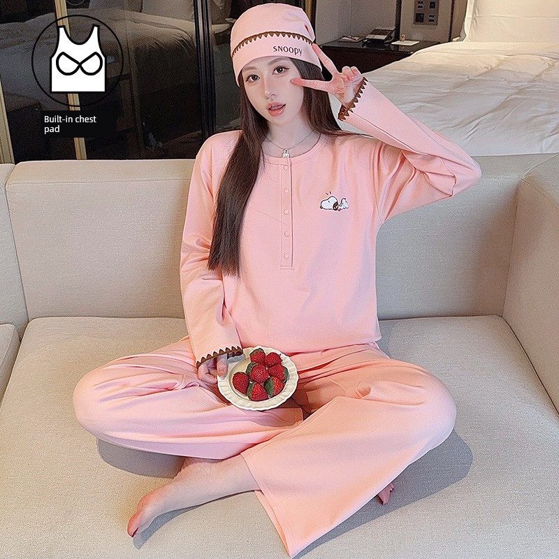 Hat with Chest Pad, Postpartum Clothing, Pure Cotton Nursing Pajamas, Postpartum Maternity Home Wear for Spring, Autumn, and Winter, Can Be Worn Outside — 7