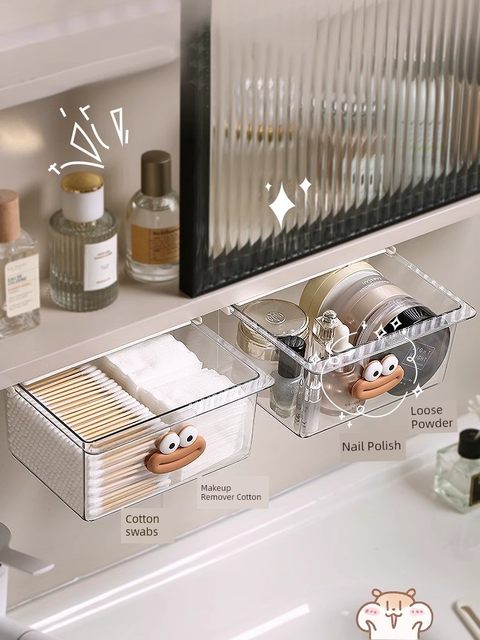 Drawer storage box under mirror cabinet bathroom cosmetics makeup remover cotton lipstick cotton swab transparent storage rack tool