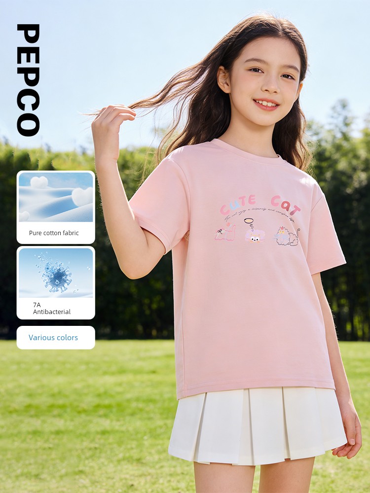 Piggy Banner Kidsren's Clothing Summer New Style Kidsren's Short-Sleeved T-Shirt Medium and Large Kidsren's Girls' Round Neck Top [7A Antibacterial]