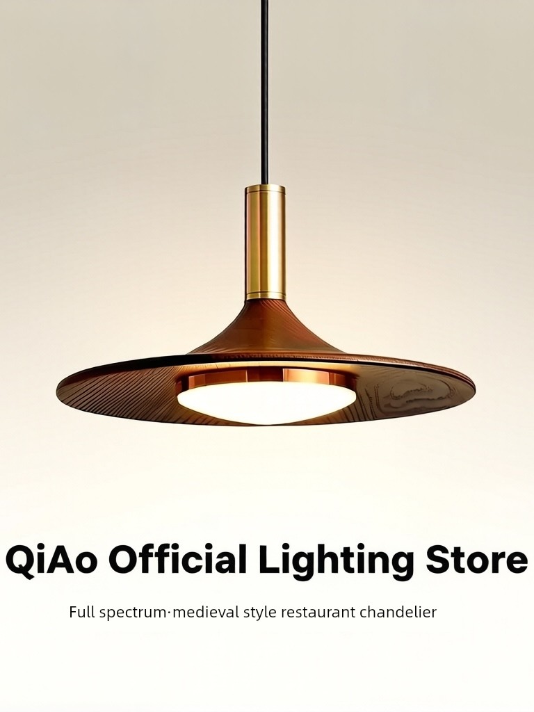 Medieval-Style Restaurant Chandelier, Retro Design, Walnut Color, Single-Head Bar Counter Ufo Lamp, High-End Artistic Eye-Protection Lamp