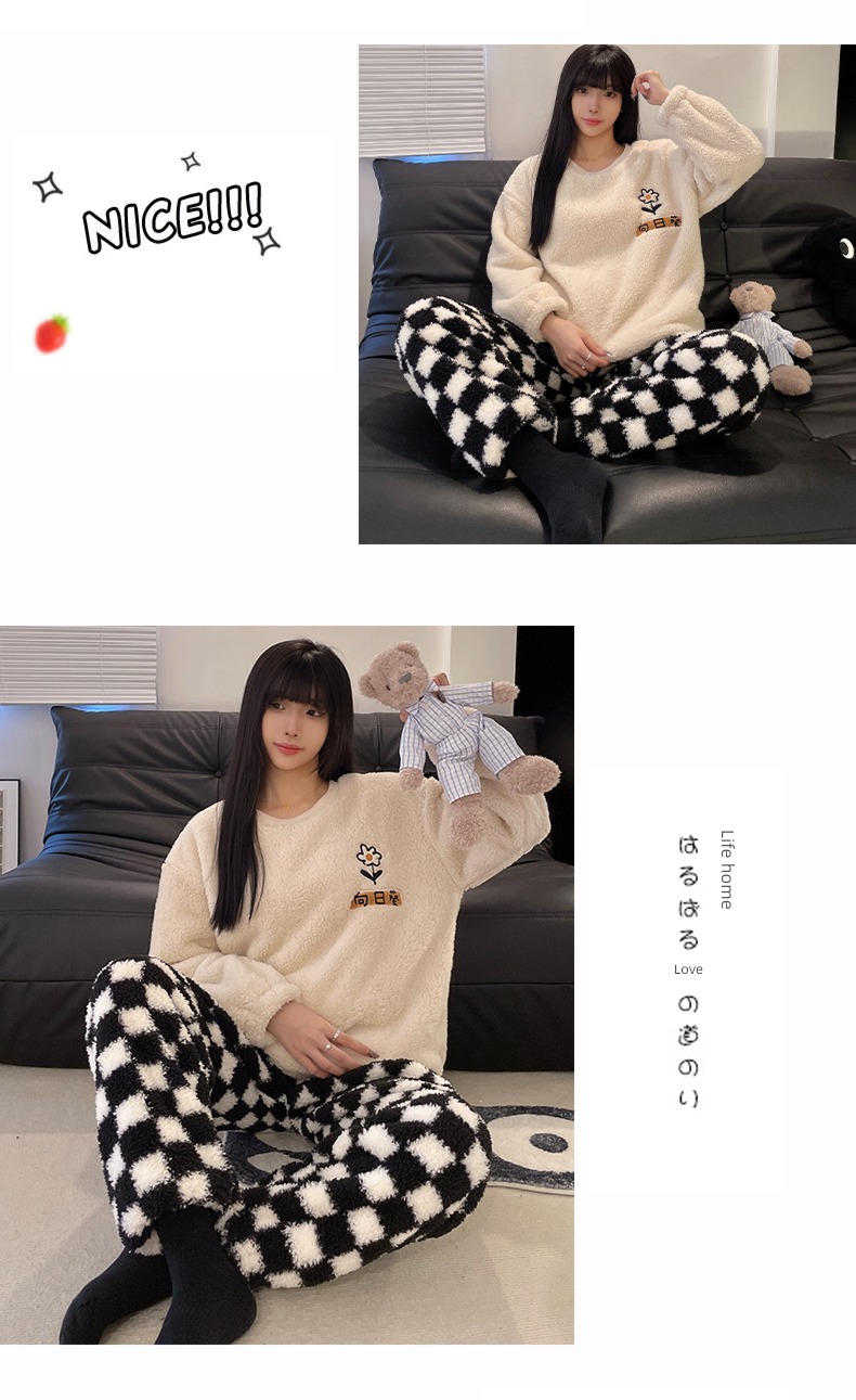 thickening Coral velvet Cartoon Embroidery Winter money lovers pajamas