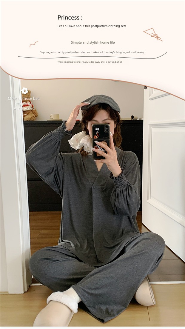 Free Hairband with Modal Maternity Pajamas for Women, Spring and Autumn Cool Nursing Postpartum Wear, Summer Thin Style with Breast Pads for Home Use — 8