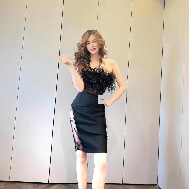 Europe and America Feather Gauze Dress evening party full dress undergarment covering the chest and abdomen
