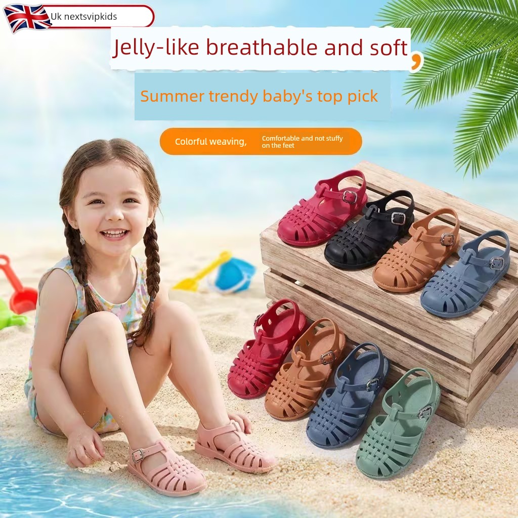 2026 New Plastic Sandals for Summer, Girls' Closed-Toe Hollow Soft Flat Low-Heel Beach Roman Shoes, Boys' Jelly Shoes
