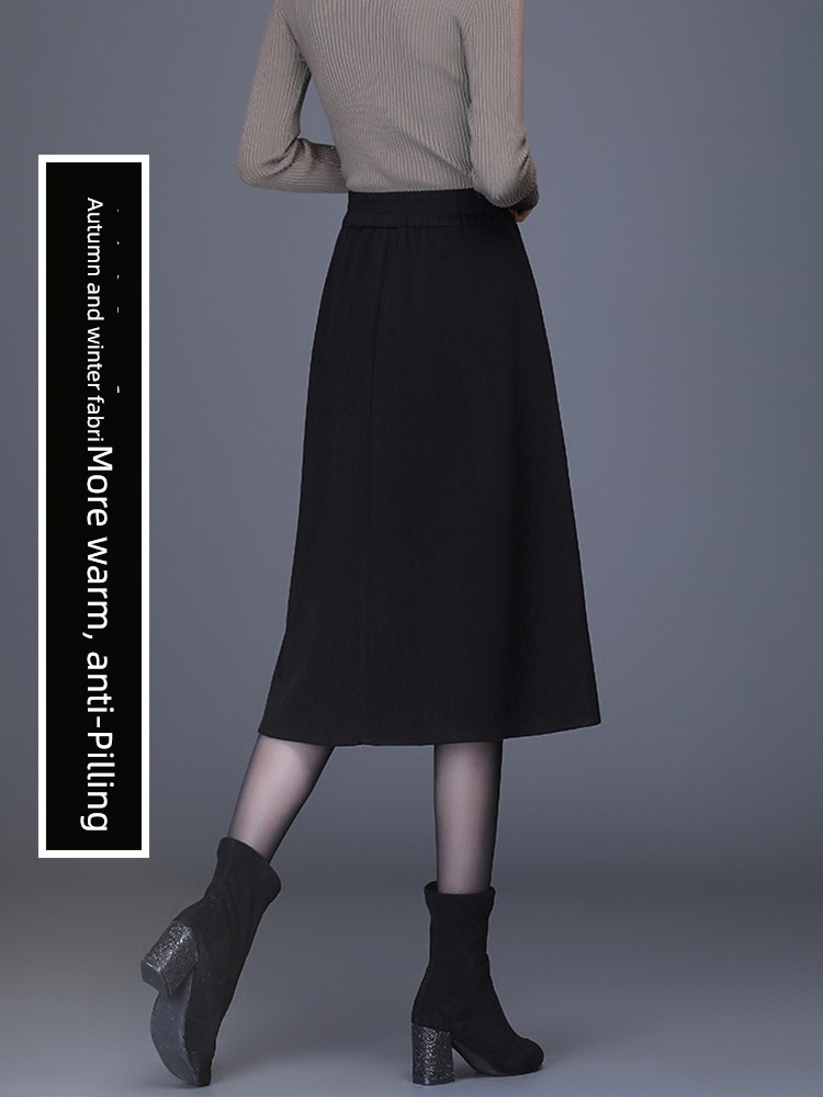 black Wool Autumn and winter With pocket temperament skirt
