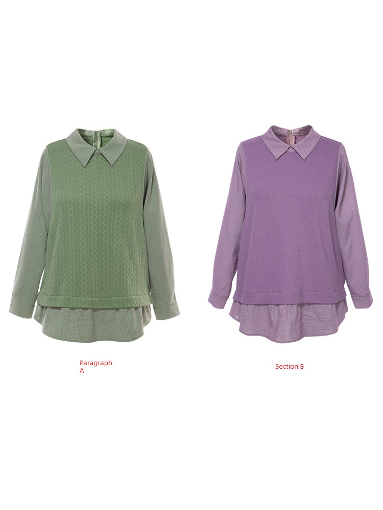 MsShe temperament Color contrast Hemp flowers shirt Fake two