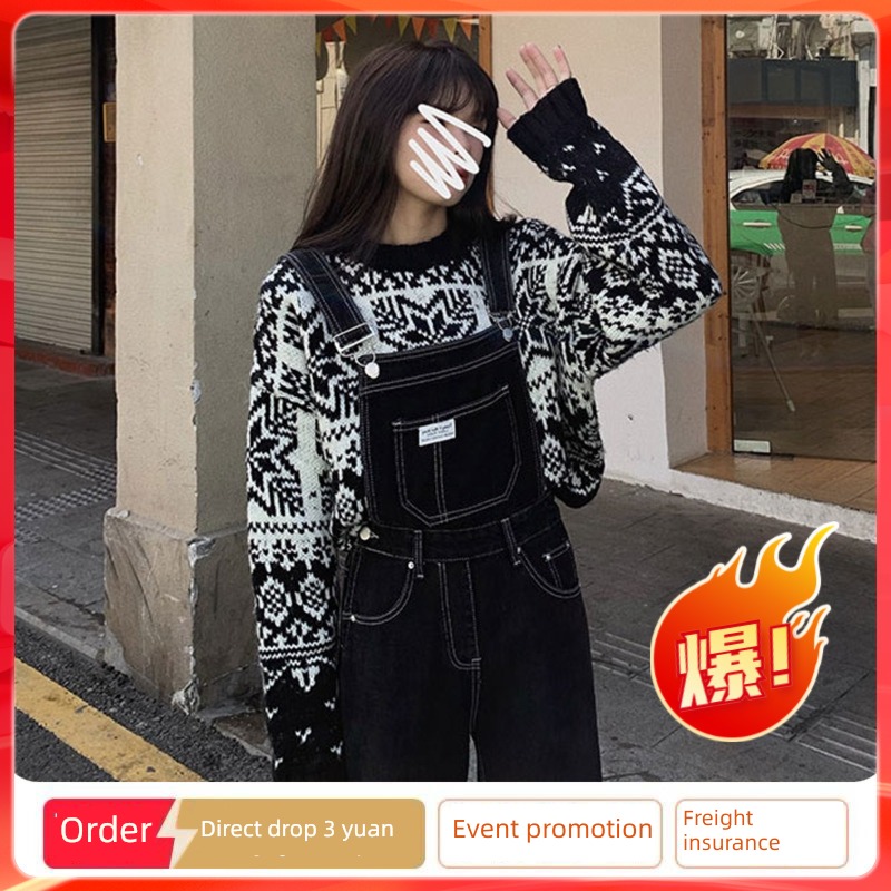 black spring and autumn leisure time High waist student cowboy rompers