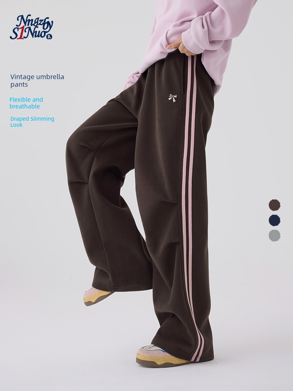 Princess Nono S1N Junior High School Student 26 Autumn Color-Block Double Stripe Casual Pants for Girls, Korean Style Relaxed Fit Flare Pants