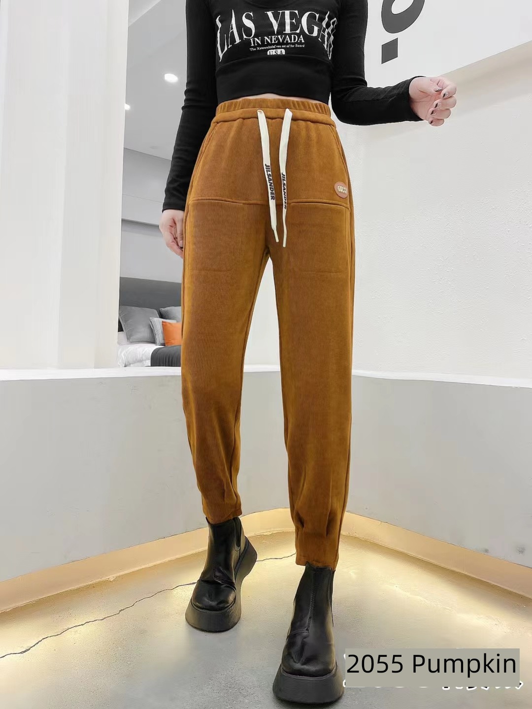 stripe soft Bundle leg Elastic waist commute leisure time trousers