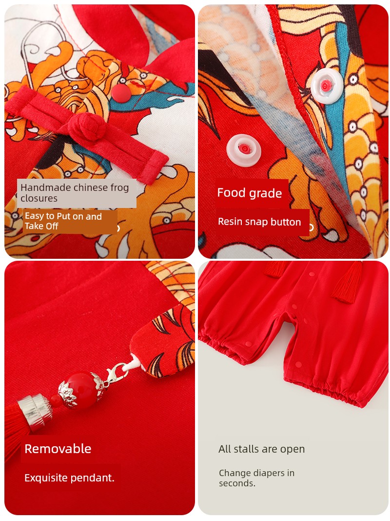 Dragon-Themed Baby Full-Month Outfit for Boys, Summer Red Thin Pure Cotton 100-Day Celebration Tang Suit with Ribbon, Unisex Romper — 4