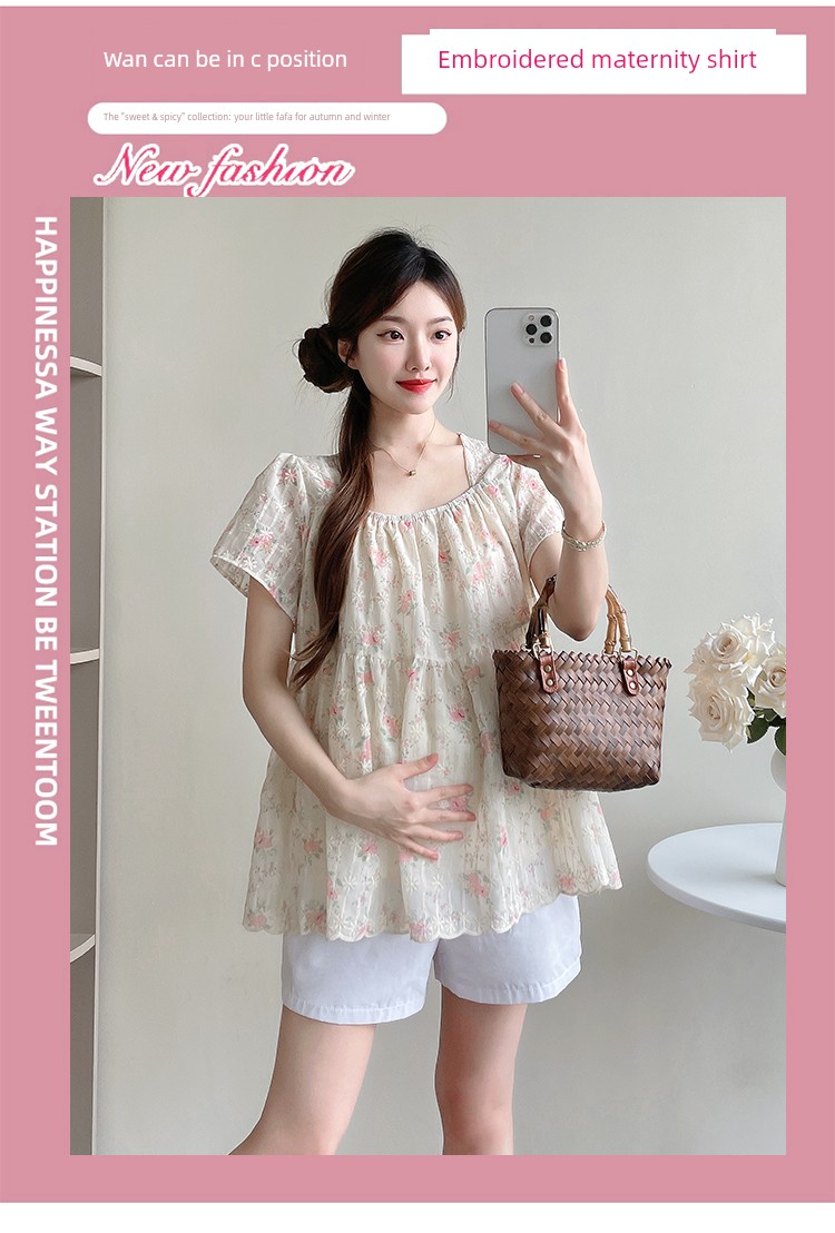 Maternity Wear Summer New Style Fresh and Sweet Square-Neck Embroidered Floral Loose Babydoll Shirt Short-Sleeve Top for Pregnant Women Trendy — 1