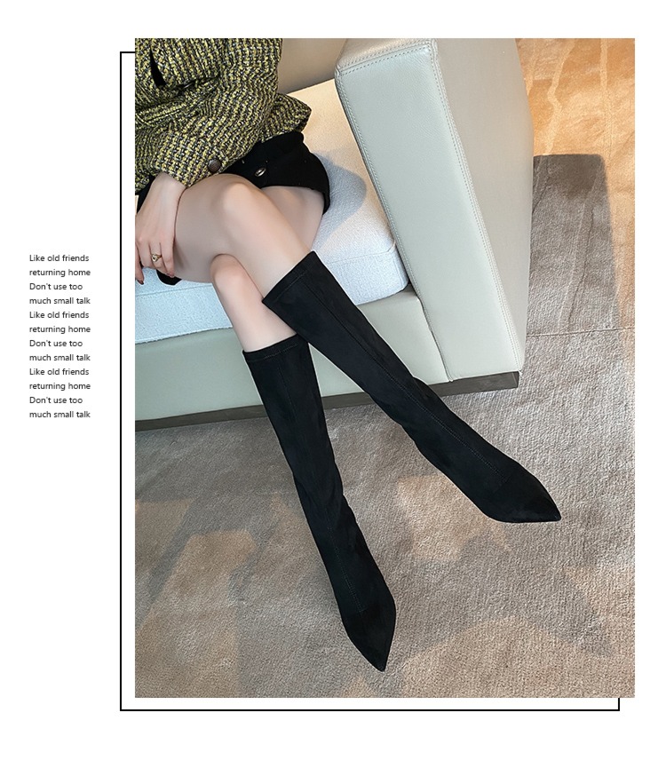 black Fine heel sexy Show thin Below the knee Elastic boots
