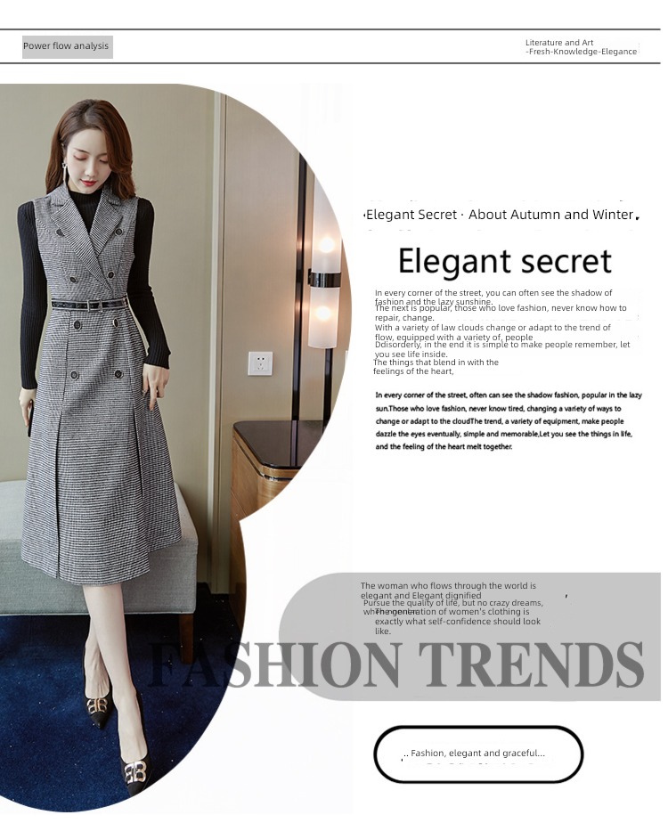Autumn and winter houndstooth  Vest skirt temperament Wool tailored collar