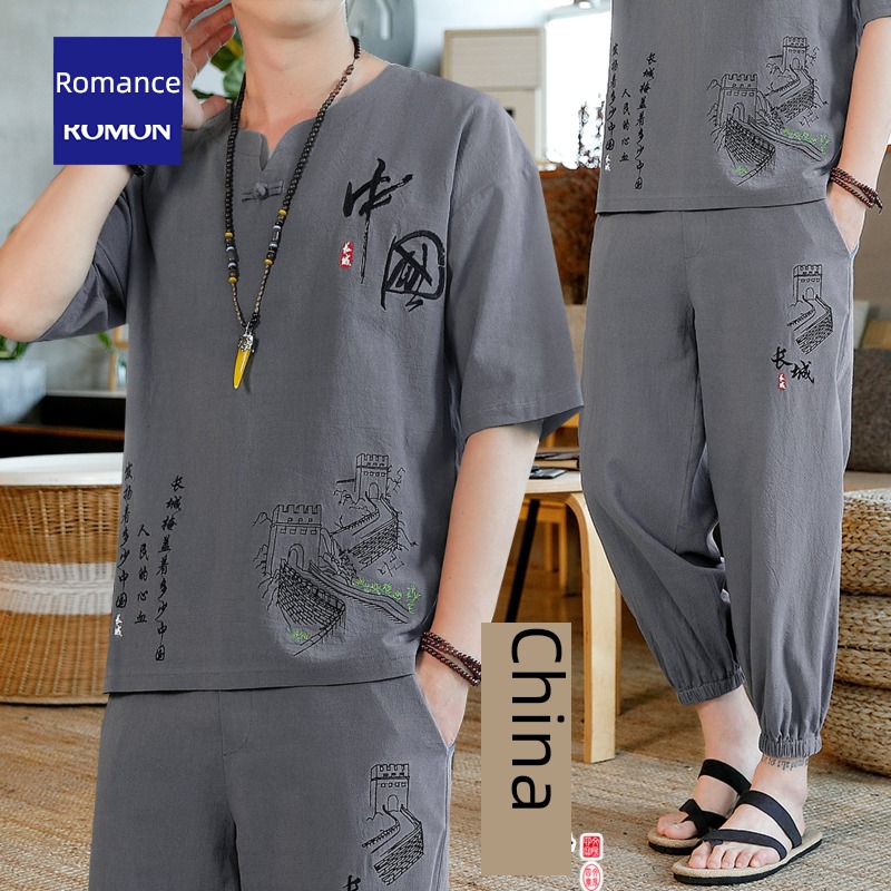Romon Thin money Cotton and hemp man Chinese style Short sleeve Tang costume