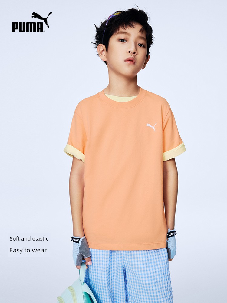 [2-Pack] Puma Children's Clothing 26 New Models of Kids' Short-Sleeve T-Shirts, Fresh and Stylish Solid Color Striped Sports T-Shirts