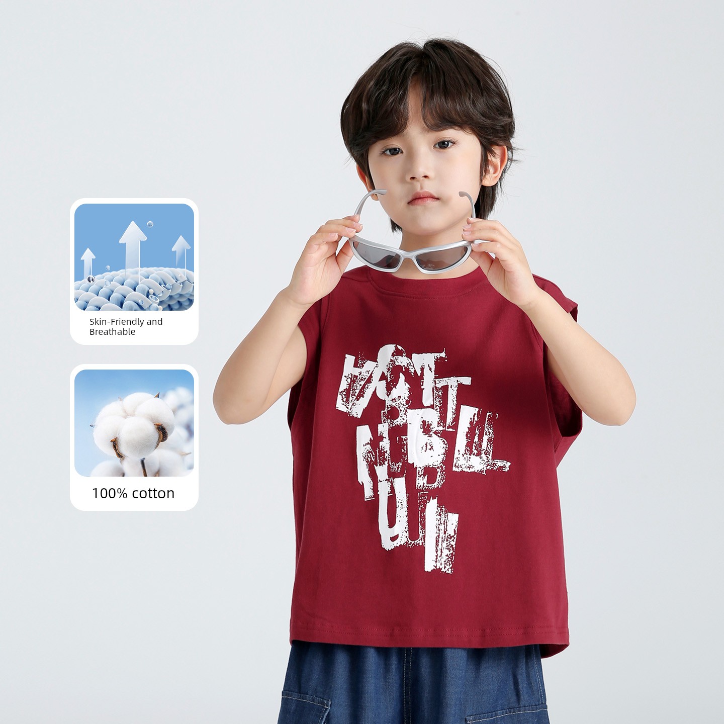 Haima's Boys' Pure Cotton Summer Thin Vest 2026 New Style Children's Sleeveless T-Shirt Boys' Outerwear Set Trendy — 3