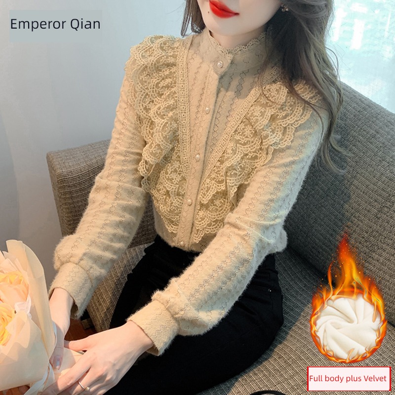 fashion Plush Lace Undershirt female Autumn and winter clothes 2022 winter new pattern Lotus leaf collar Foreign style Inner lap Small shirt jacket