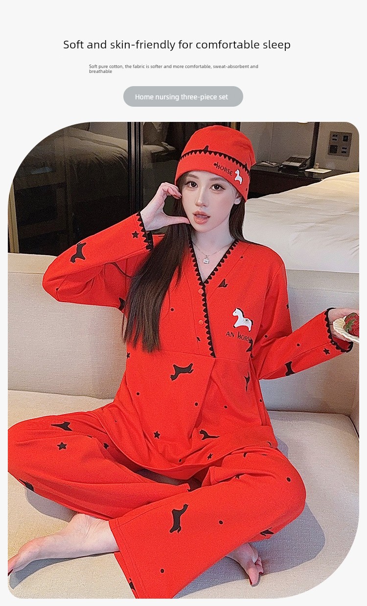 Free Hat with Purchase: Autumn and Winter Pure Cotton Postpartum Clothing, October Postpartum Maternity Nursing Pajama Set, Spring and Autumn Maternity — 3