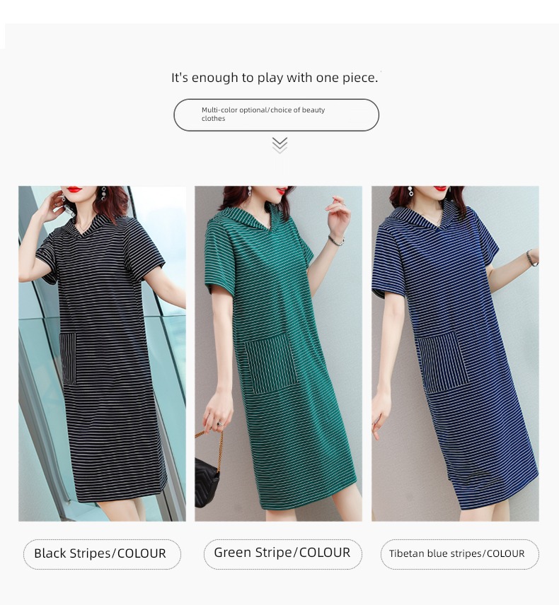 pure cotton stripe Dress middle age mom Cap T-shirt