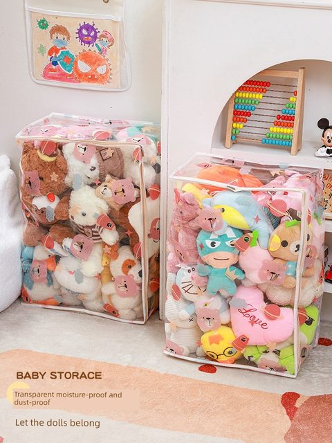 Plush toy storage artifact transparent bucket household children's dolls dustproof zipper finishing bag
