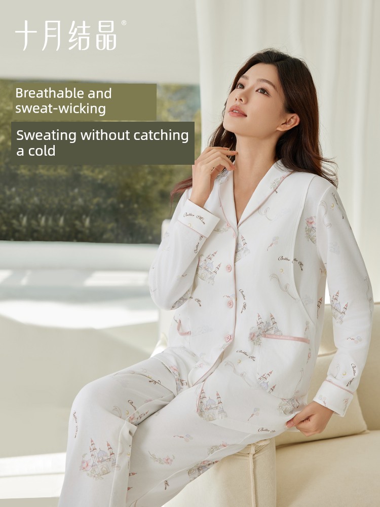 【269 Yuan for Any 2 Sets】October Crystal Cotton Maternity Wear Home Suit Set Breathable Nursing Pajamas Autumn Thin Style