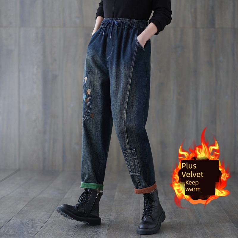Plush thickening winter Big size Fat mm easy Jeans