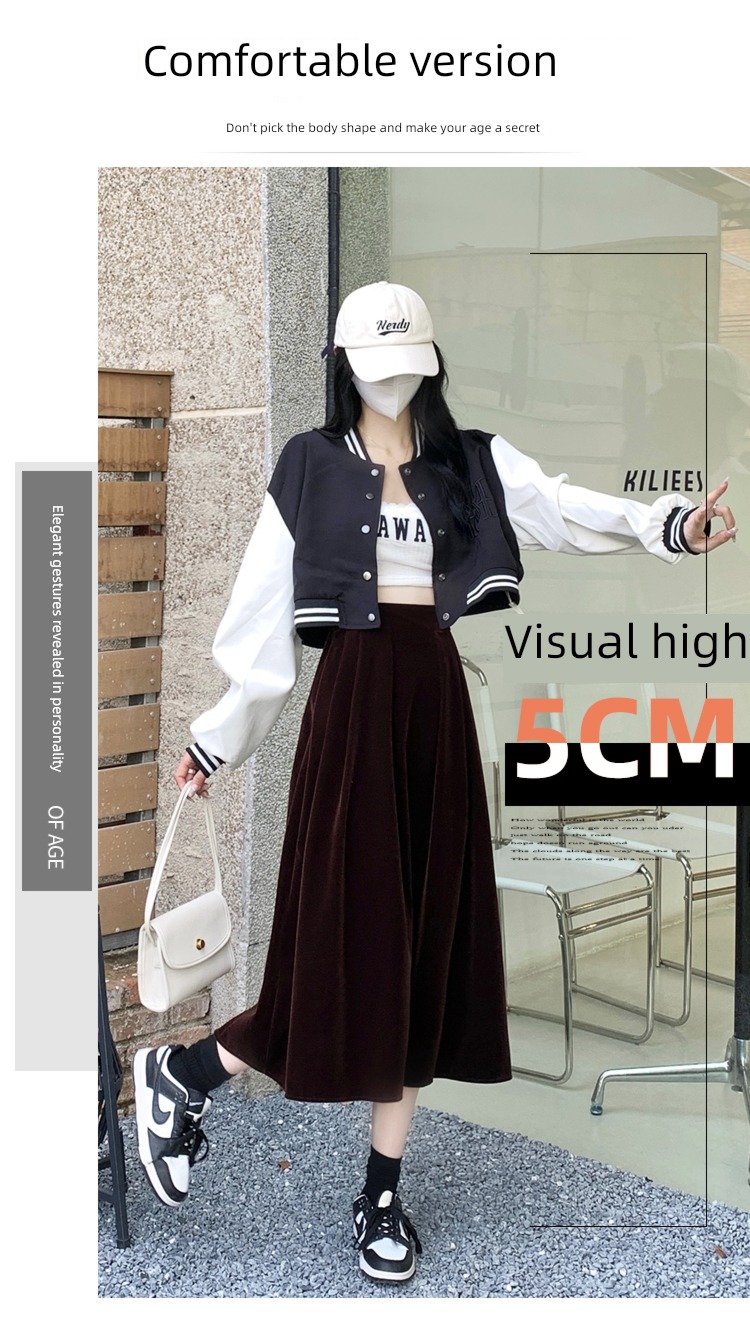 Autumn and winter High waist Sagging sensation Big swing Velvet skirt