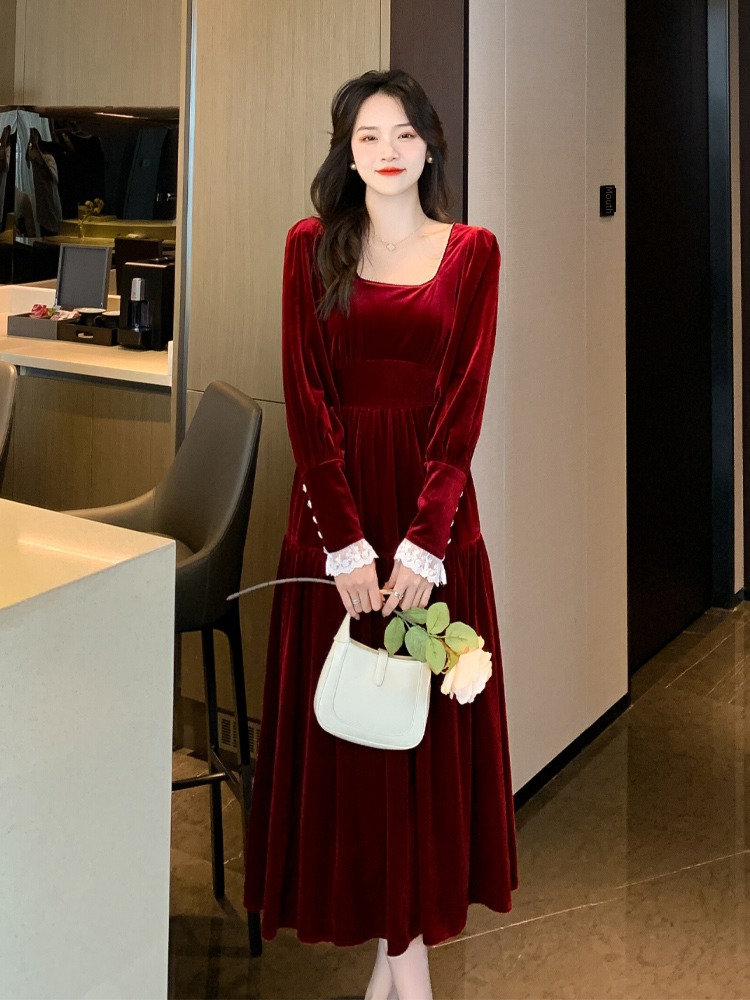 Autumn and winter fashion Nail bead Show thin gules velvet Dress