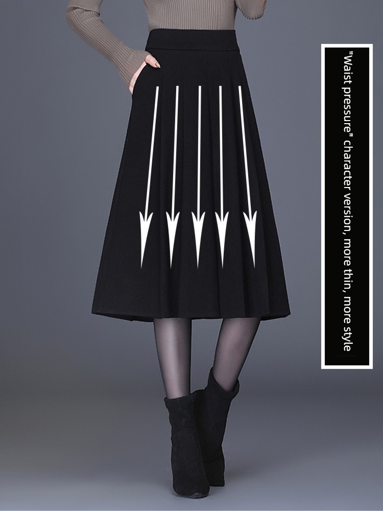 black Wool Autumn and winter With pocket temperament skirt