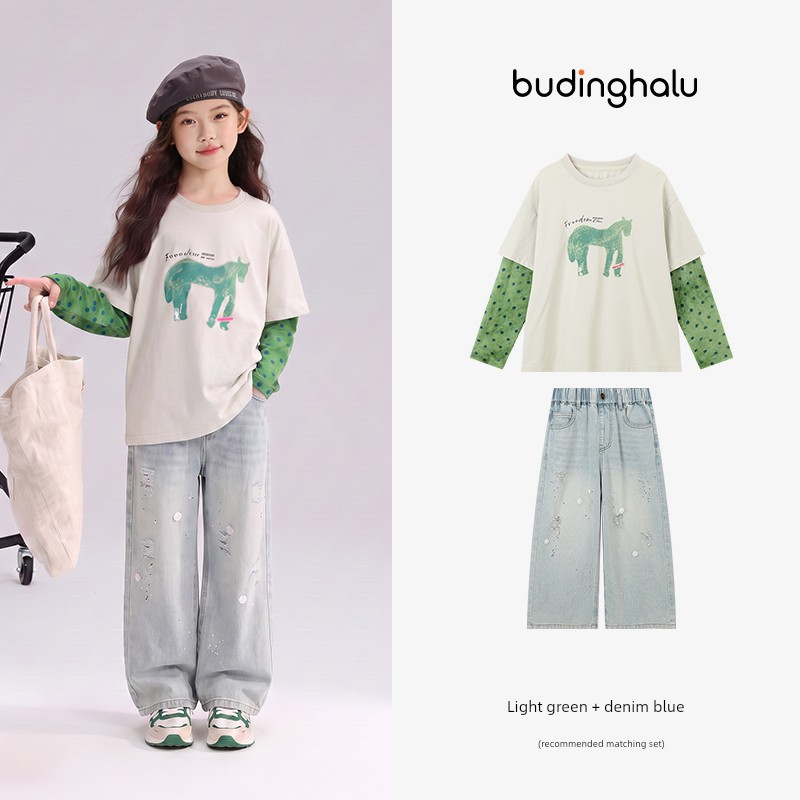 Pudding Haru 2026 Summer Collection Girls' Cool-Touch Breathable Faux Two-Piece Sun Protection Long Sleeve T-Shirt — 3