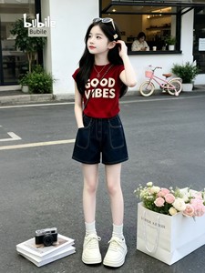 Girls' Summer Outfit 2026 New Style Children's Denim Shorts Big Kids Sleeveless Summer Clothes Girls' Outerwear Vest Sum