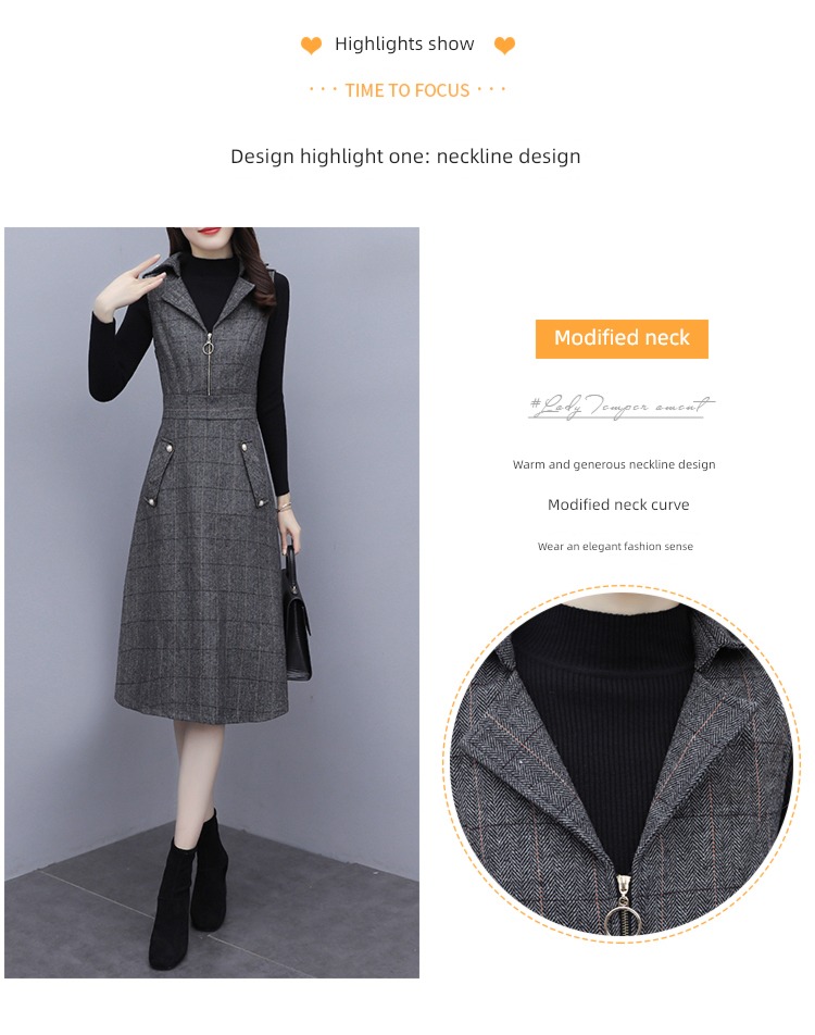 Autumn and winter Wool lattice Close your waist Show thin Dress suit