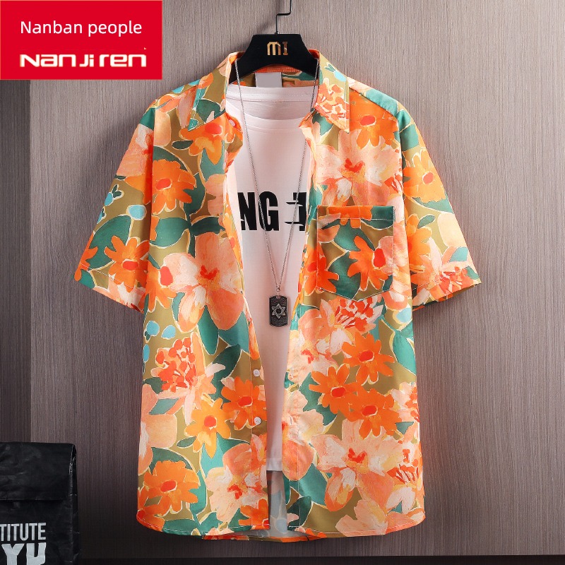 NGGGN Ice silk Hawaii Put on your clothes Short sleeve shirt