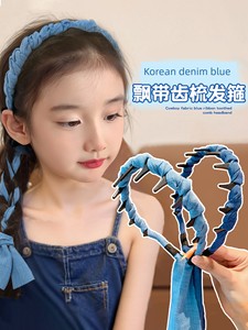 Children's Denim Blue Ribbon Headband, Girls' Retro Braided Hairband, Korean Style Braided Hairpin Headwear for Girls