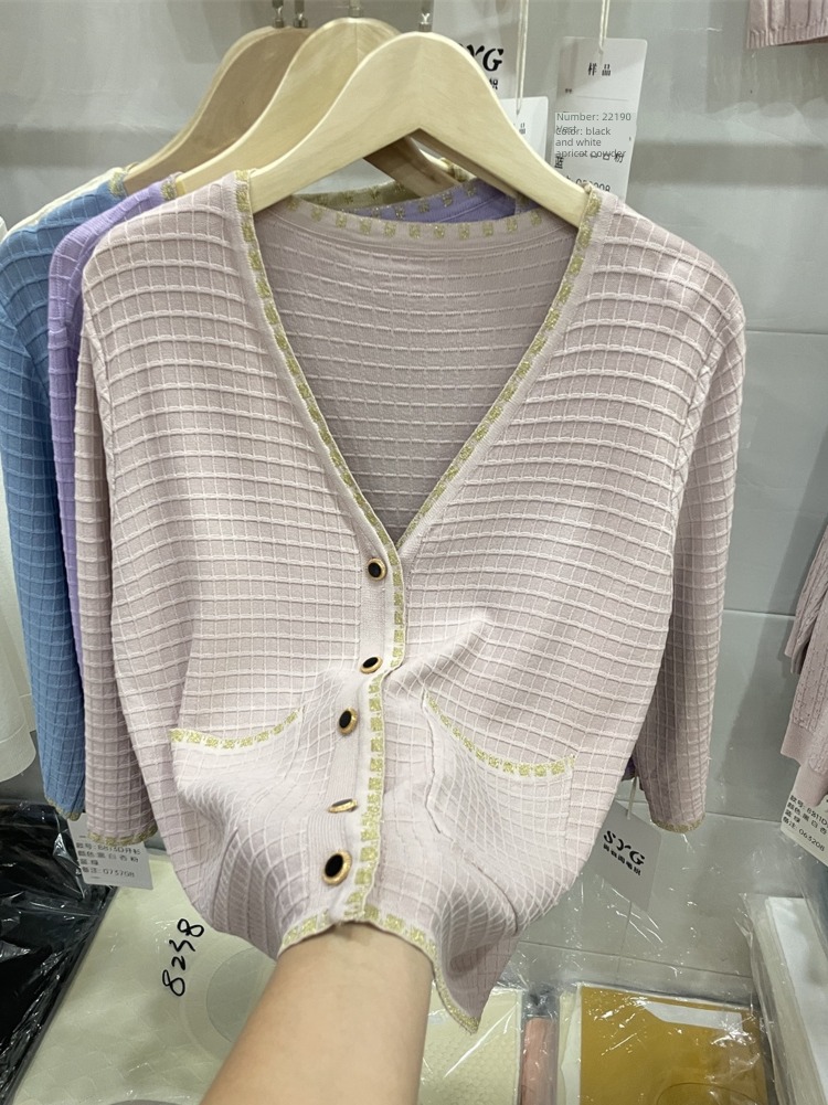 Little fragrance Bright silk Rimming V-neck easy knitting Cardigan