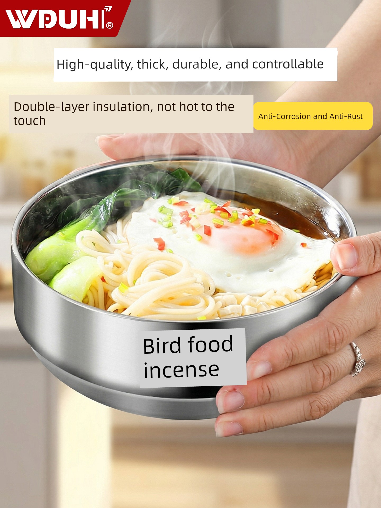 Stainless Steel Rice Bowl, Dormitory Large Instant Noodle Soup Bowl, Household Double-Layer Large Capacity Anti-Scalding and Anti-Fall Personal Soup Noodle Bowl