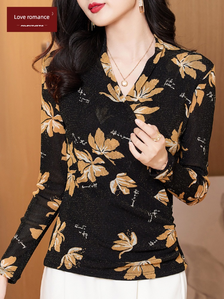 Autumn and winter Plush Long sleeve overlapping V-neck T-shirt Foreign style Gauze
