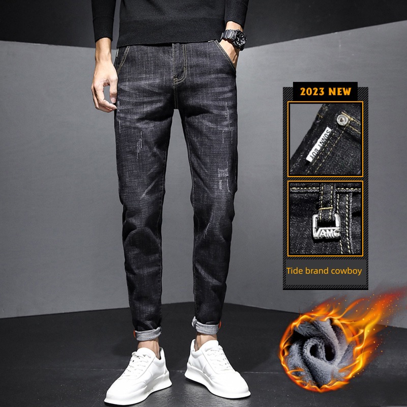 men's wear Plush thickening Self-cultivation Straight cylinder winter Jeans
