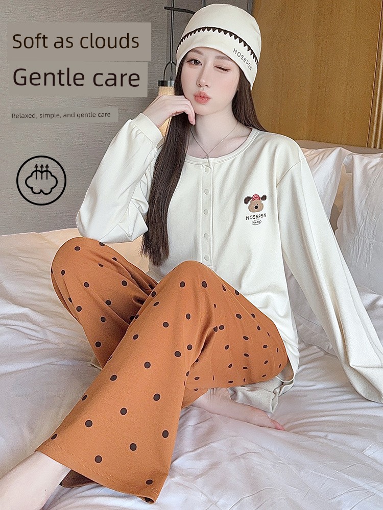Free Hat with Winter Maternity Wear, Pure Cotton Nursing Pajamas, Spring and Autumn Postpartum All-Season Maternity Loungewear Set — 2