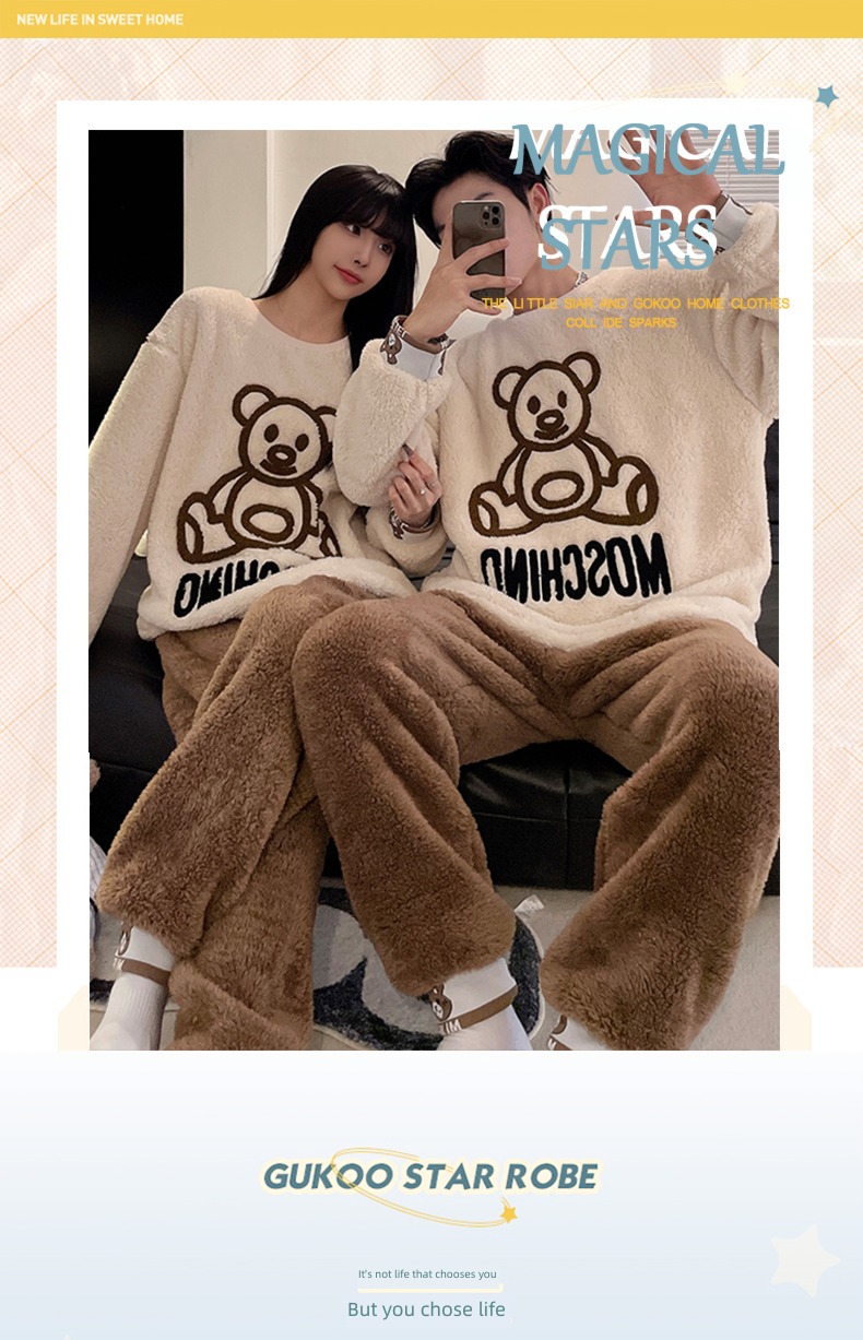 thickening Coral velvet Cartoon Embroidery Winter money lovers pajamas