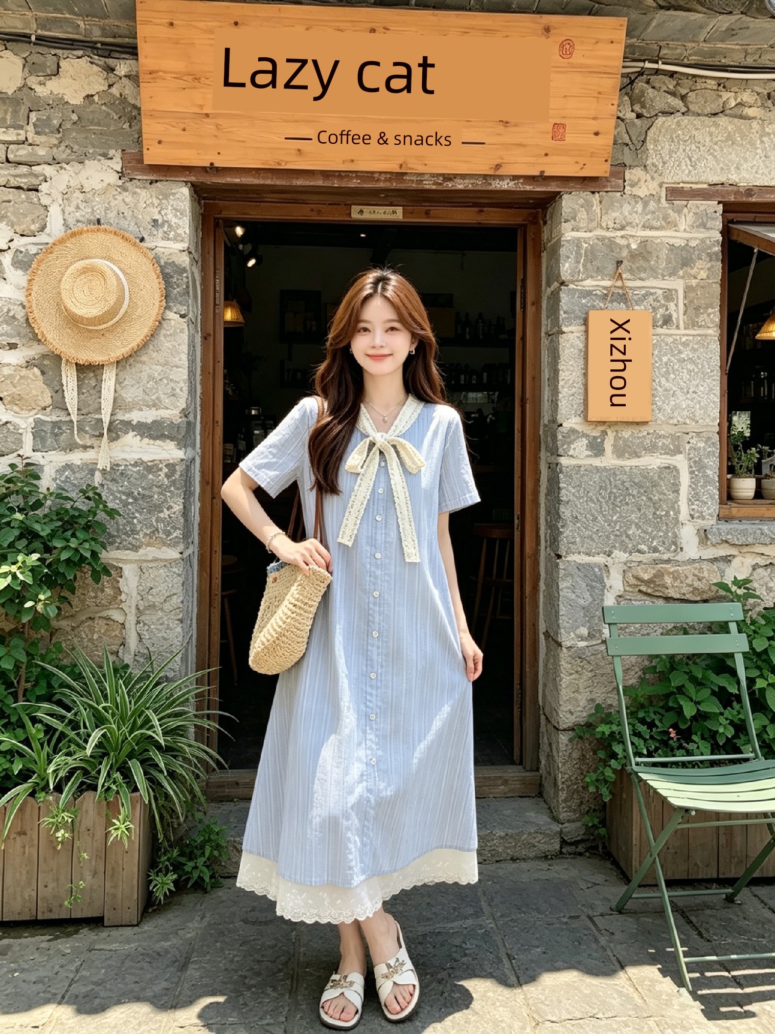 Maternity Dress Summer Thin Style 2026 New Blue Sweet Lace Splicing Short-Sleeved A-Line Dress Mid-Length for Women — 6