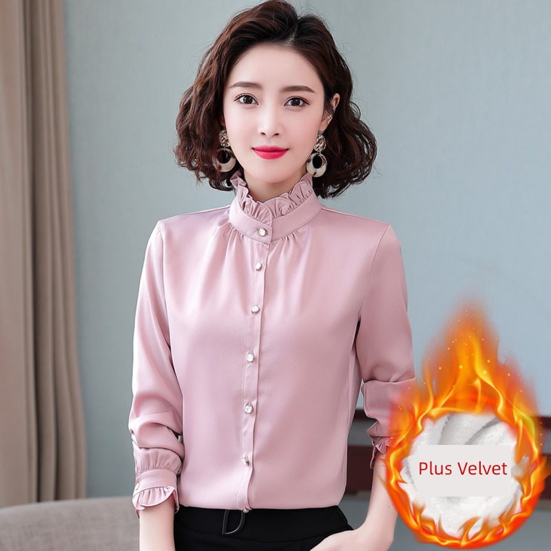 Plush stand collar shirt Versatile Chiffon Long sleeve Undershirt