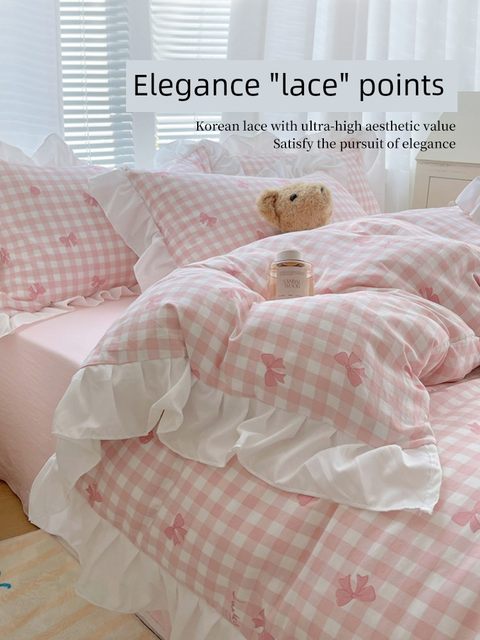 Princess Style Girls Heart Four-Piece Set Partial Cotton Pure Cotton Pink Lace Quilt Set Door Bed Single Bed Three-Piece Set