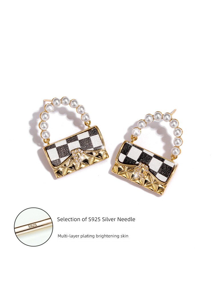 Bag Sterling Silver Pearl female Minority Sense of design Ear Studs