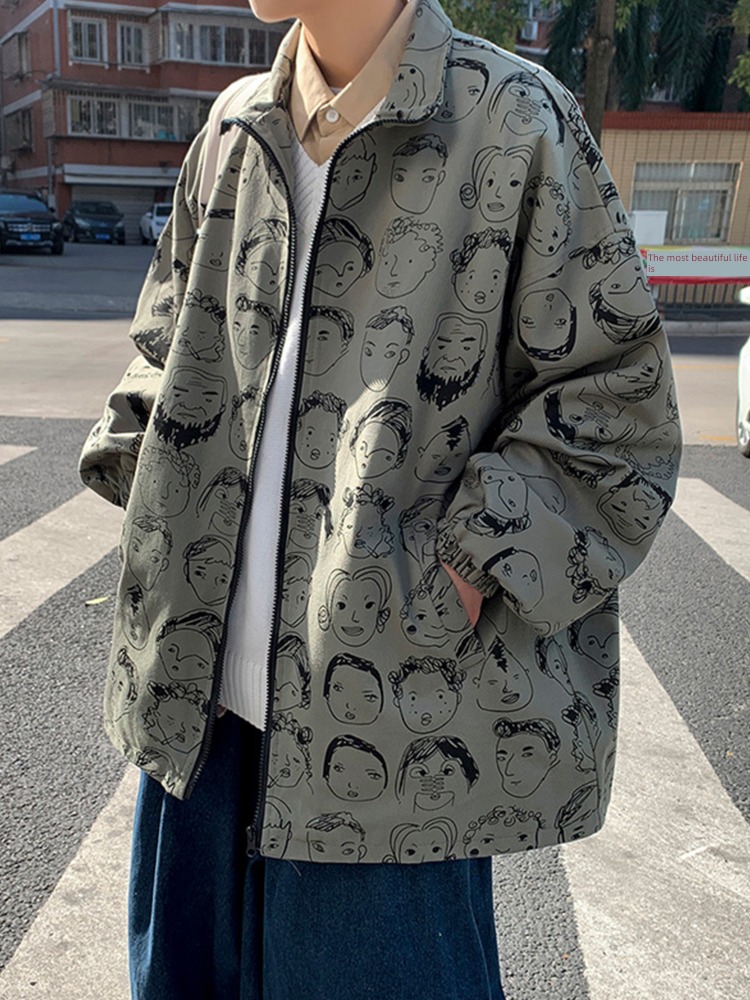 Chaopai spring and autumn easy Hip hop Full print stand collar Jacket