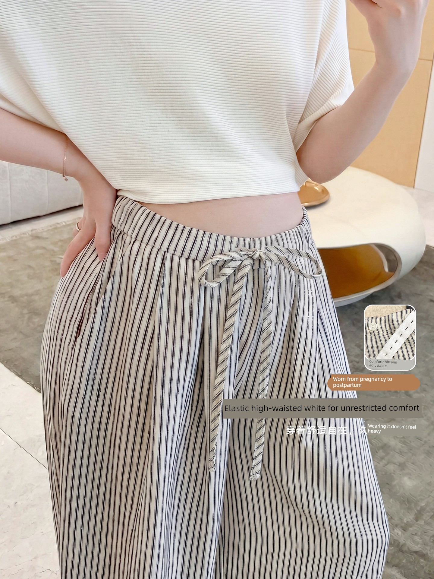 Zma Vertical Stripe Linen ● Maternity Pants Summer Thin Style 2026 Summer Collection Relaxed Loose Wide-Leg Pants Pregnancy Long Pants — 2
